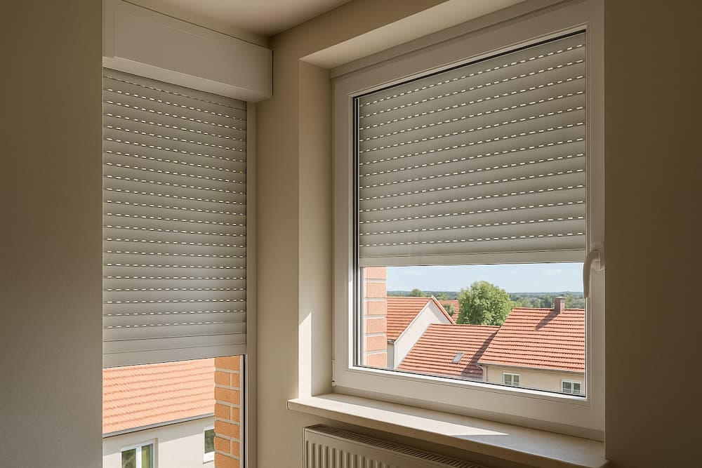 Ventanas con persianas enrollables cerradas en una vivienda moderna, mostrando confort térmico y aislamiento acústico