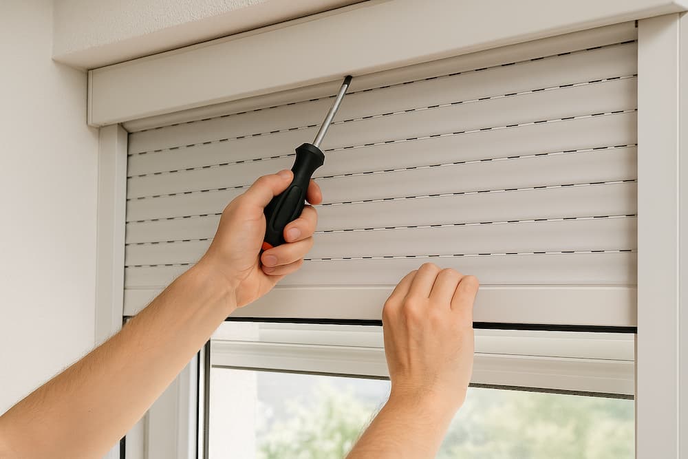 manos reparando una persiana enrollable con destornillador en casa luminosa